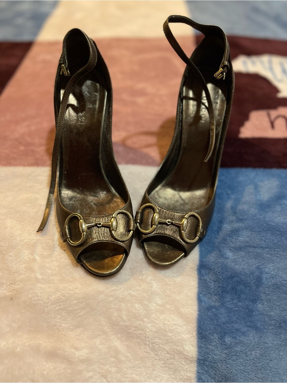 Gucci Black Peep-Toe Ankle-Strap Heels with Gold Horsebit - Picture 4 of 6